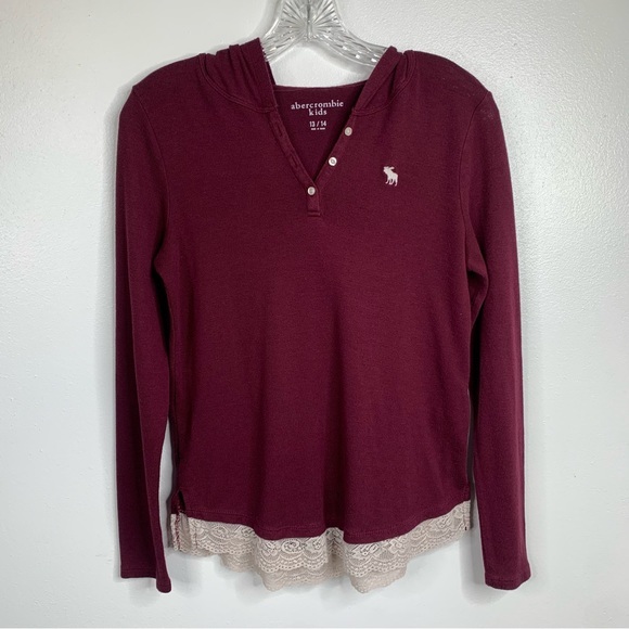 Abercrombie Kids‎ Burgundy Long Sleeve Hoodie Hooded Top with Lace Hem - Picture 1 of 8
